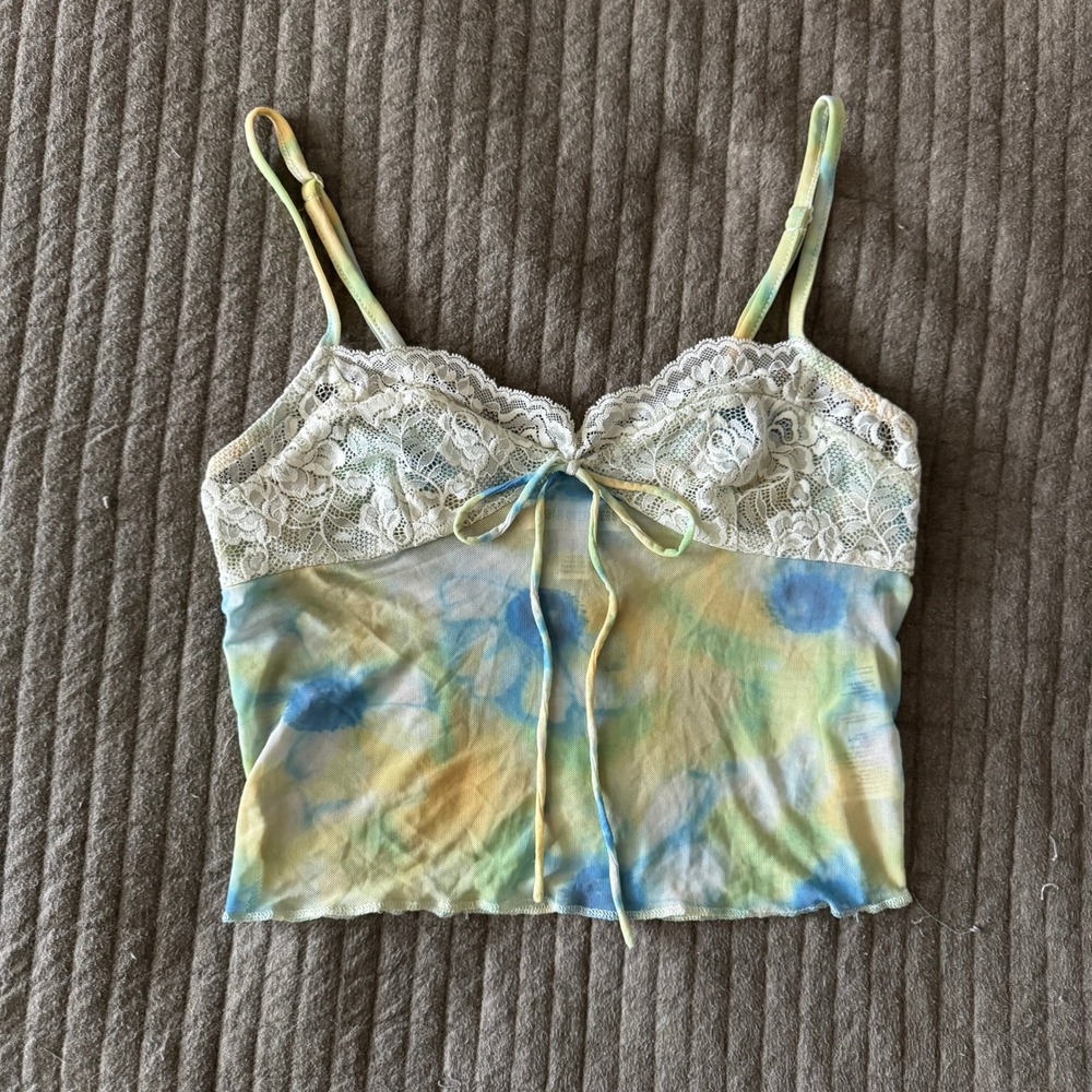 Vtg Y2K Euro Babydoll Tie Dye Mesh Lace Trim Cami Top S Tie Front Fairy Coquette
